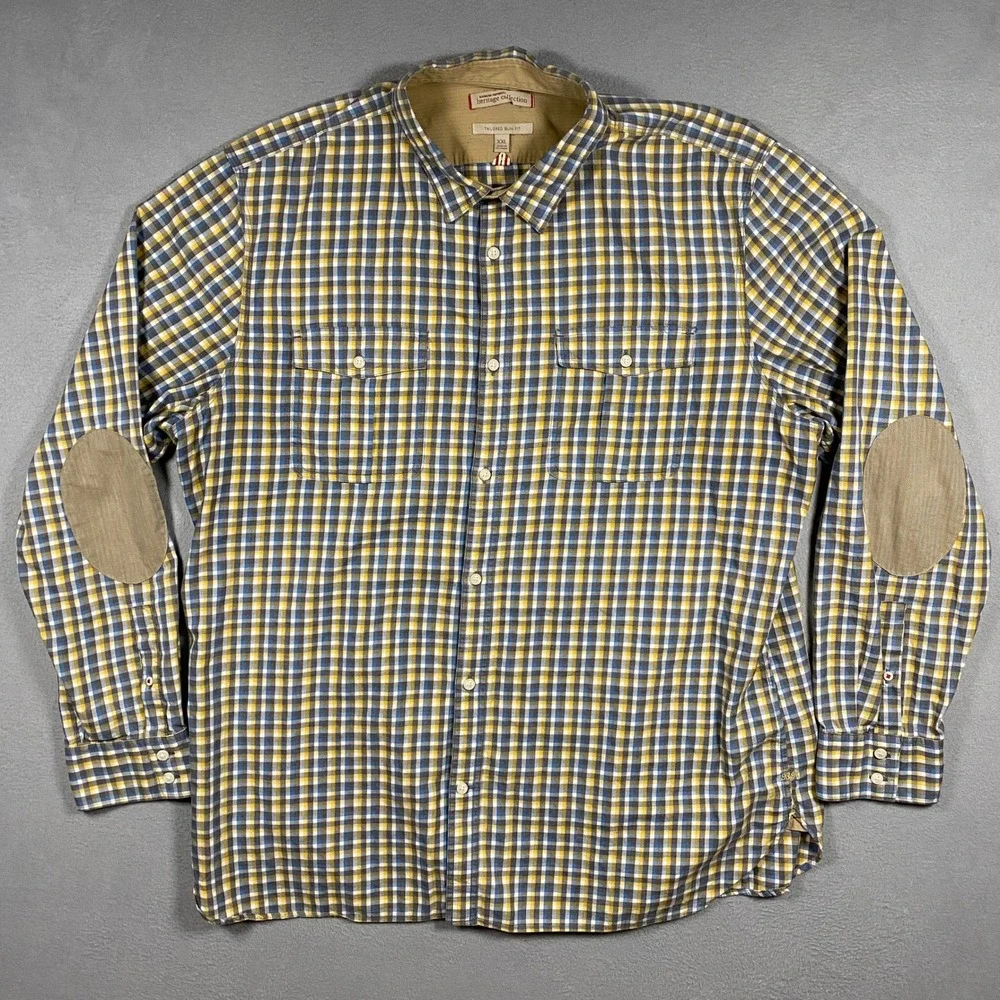 Banana Republic Button Down Mens XXL Blue Yellow Plaid Heritage Elbow Patches
